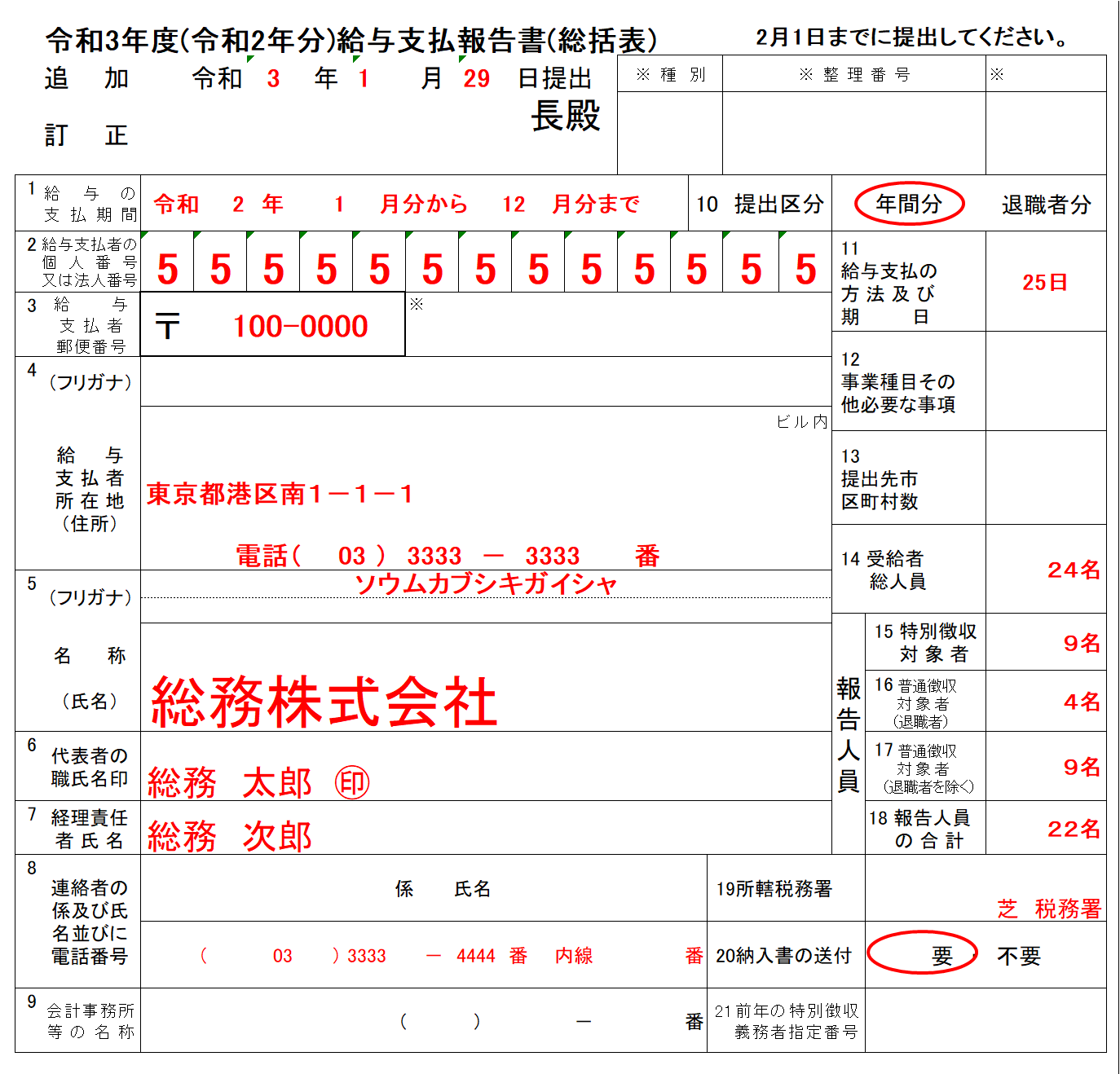 給与支払報告書（総括表）の記入例、書き方、注意点