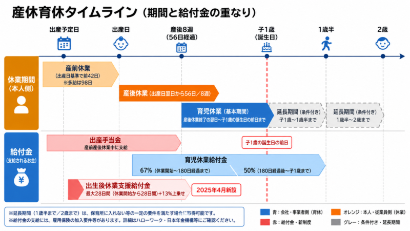 産前産後休業・育児休業の期間と給付金の流れタイムライン