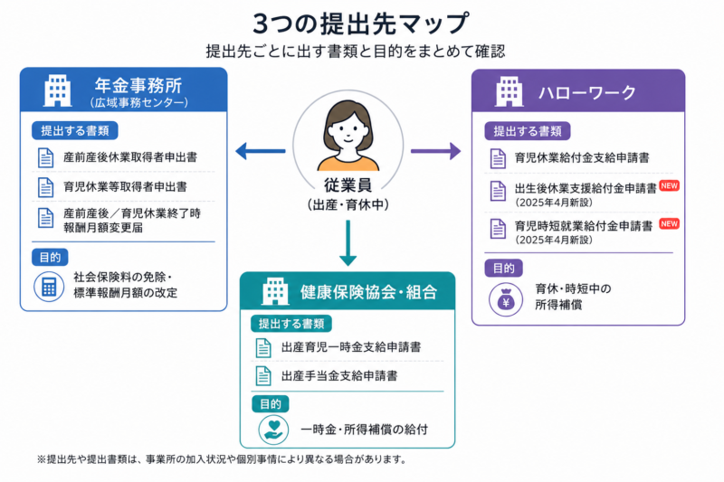 年金事務所・健康保険協会組合・ハローワークの3提出先と書類の対応マップ