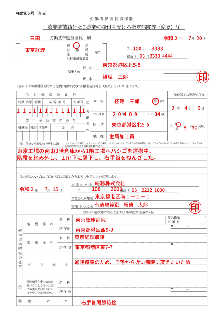 労災「療養補償給付たる療養の給付を受ける指定病院等（変更）届」（様式第6号）の記入例、書き方、注意点