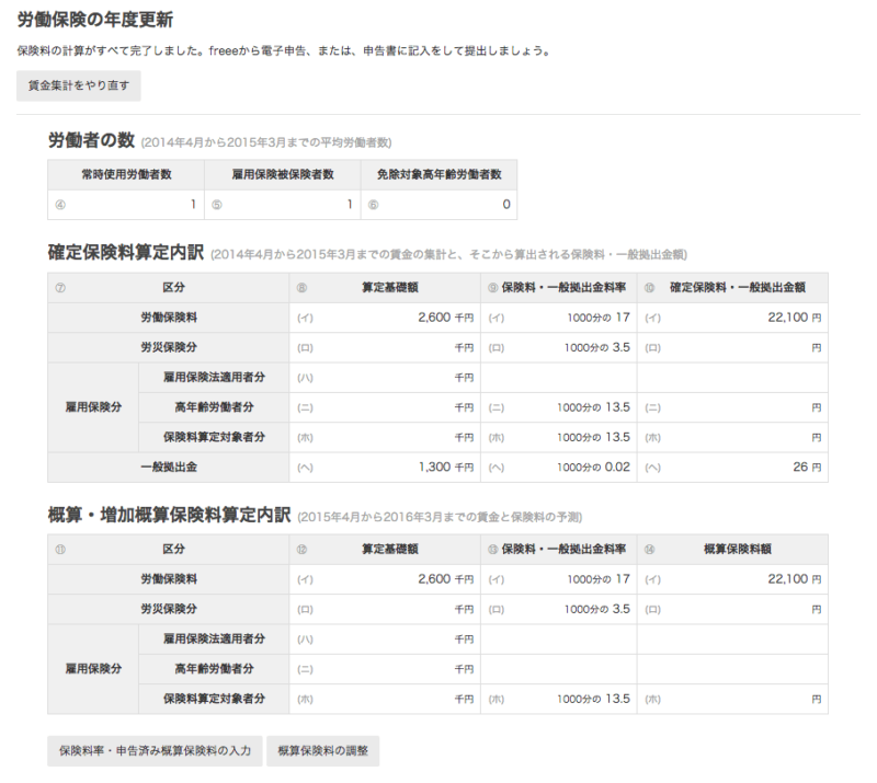 労働保険の年度更新の人事労務freee画面