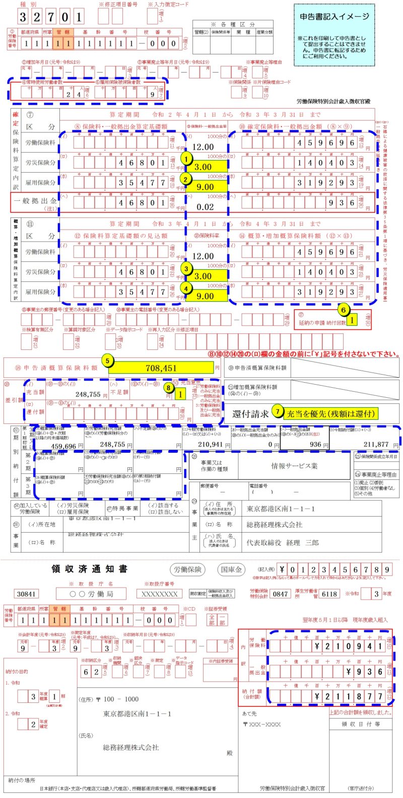 「労働保険概算・確定保険料／一般拠出金申告書」の記入例