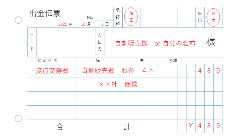 自販機で買った場合の出金伝票の書き方、記入例・見本