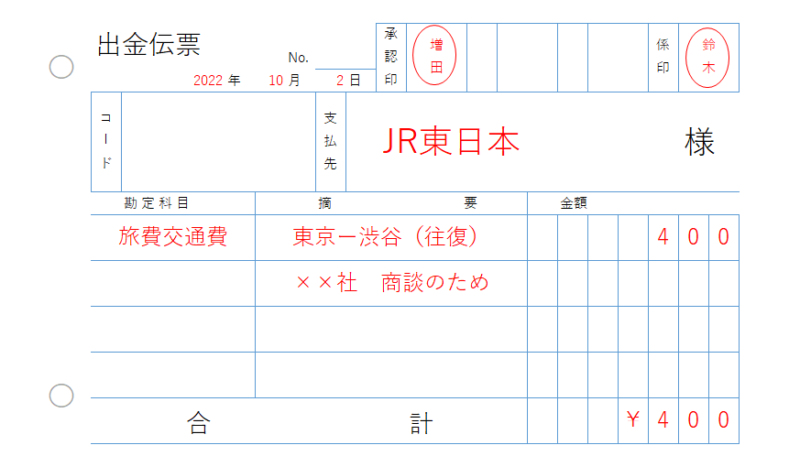 交通費の出金伝票の書き方、記入例・見本