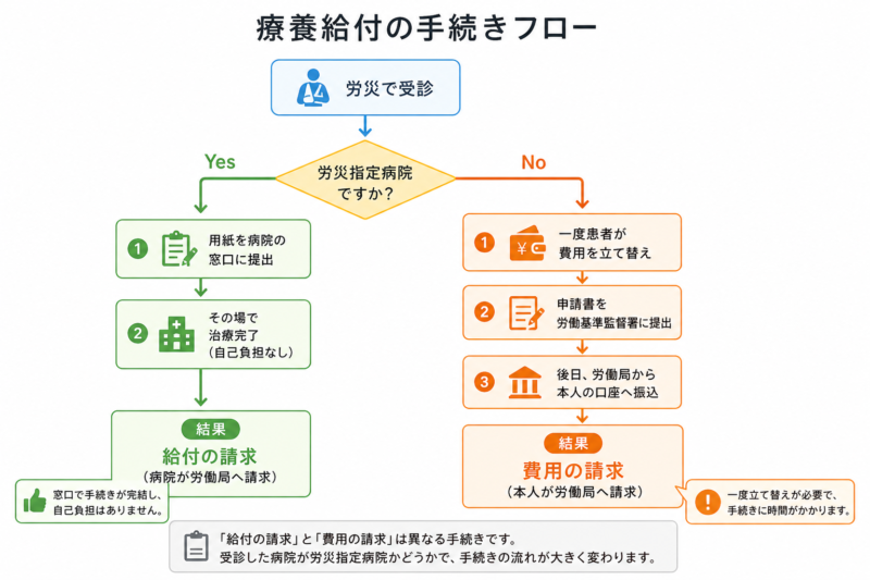  労災指定病院かどうかで分かれる療養給付の手続きフロー
  （給付の請求／費用の請求）