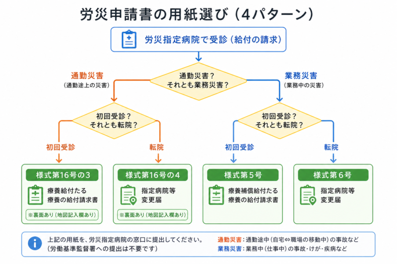   労災申請書4様式（5号／16号の3／6号／16号の4）の選び分け
  判断フロー（業務労災／通勤労災 × 初回／転院）