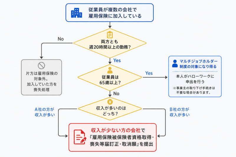 雇用保険の二重加入が判明したときに、どちらの会社が取り下げ手続きをするかの判断フロー