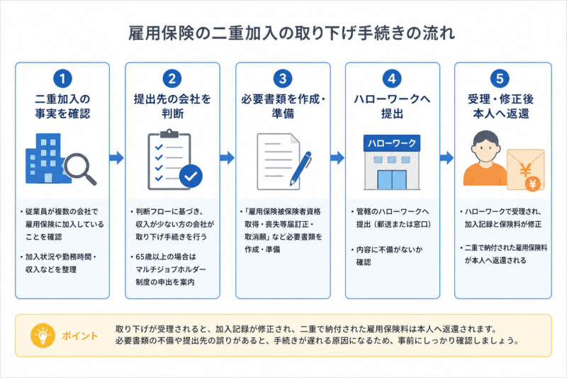 雇用保険の二重加入の取り下げ手続きの流れ(書類準備から本人への雇用保険料返還まで)