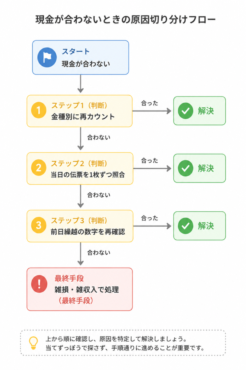 小口現金が合わないときの原因切り分けフロー（金種別再カウント→伝票照合→繰越確認→雑損処理）