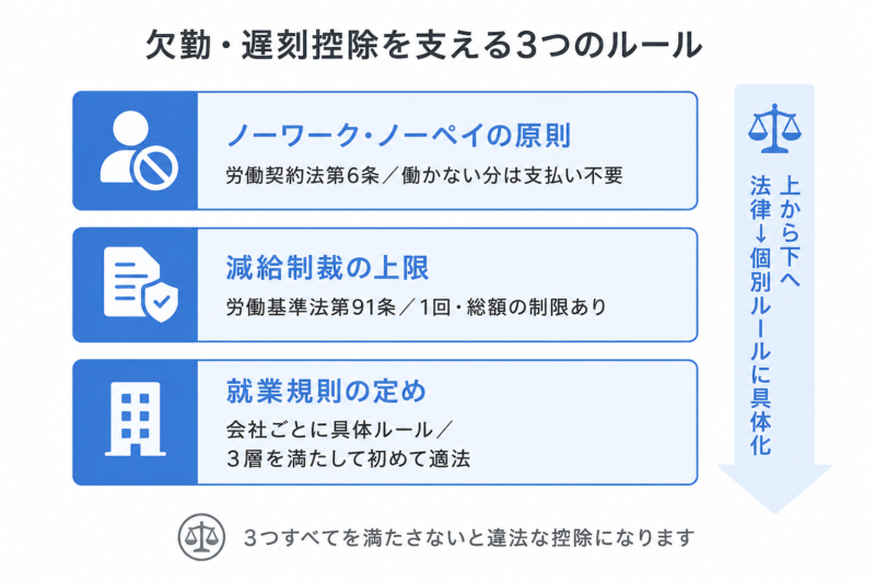   欠勤・遅刻控除を支える法律ルールの3層構造（ノーワーク・ノーペイ／労基法91条／就業規則）
