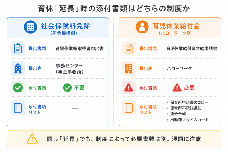 育児休業延長時の添付書類比較（社保＝年金機構と雇用保険＝ハローワーク）
