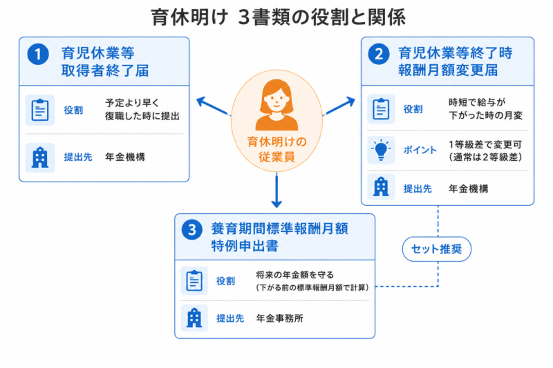 育休明けに必要な3書類（終了届・終了時月変・養育期間特例）の役割