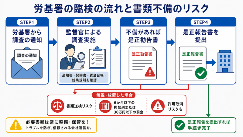 労基署調査の通知から是正勧告までの流れと書類送検リスクを示すフロー図