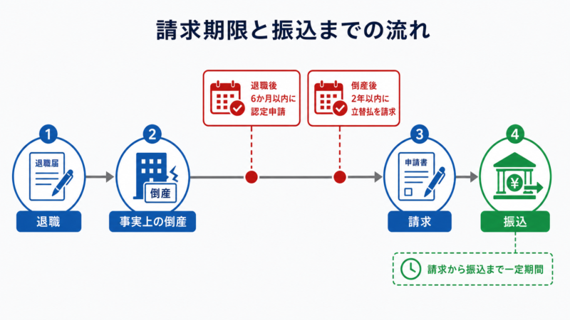  未払賃金立替払制度の請求期限と振込までの流れを示すタイムライン