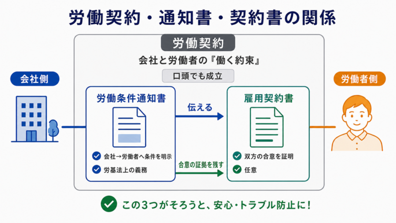   労働契約という概念の中身を労働条件通知書と雇用契約書が担う関係図
