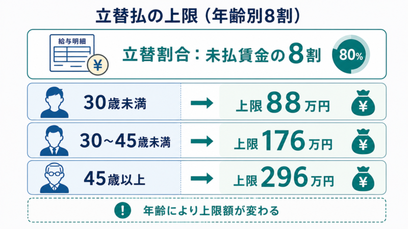  未払賃金立替払制度の年齢別の上限額と8割の立替割合を示す図