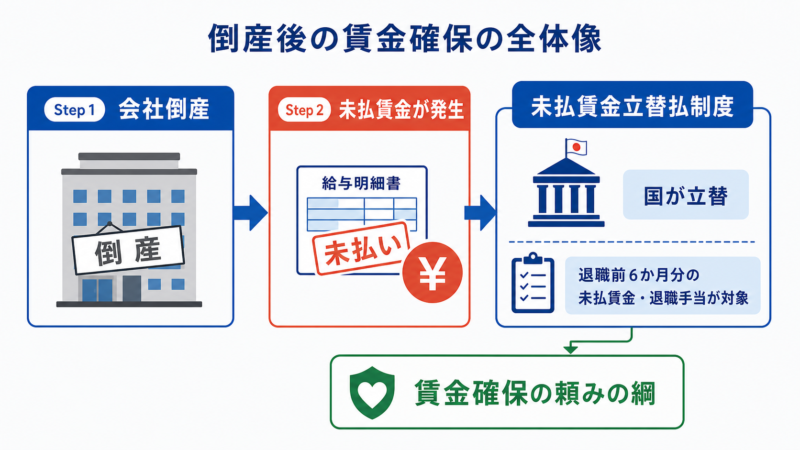 会社倒産後に未払賃金立替払制度が賃金確保の柱になることを示す図