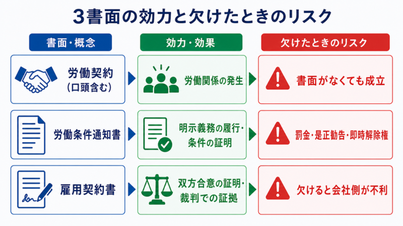 労働契約・労働条件通知書・雇用契約書の効力と欠けたときのリスクの比較図