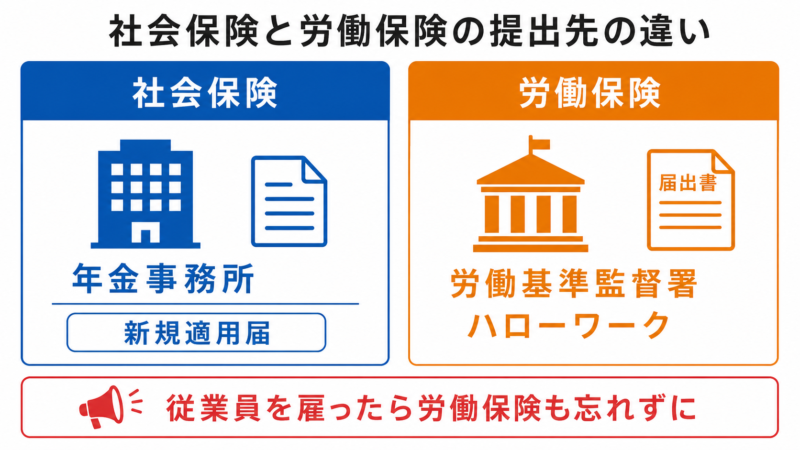 社会保険と労働保険の提出先の違いを示す比較図