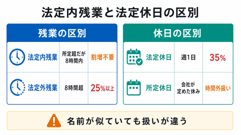  法定内外残業と法定休日・所定休日の区別を示す比較図