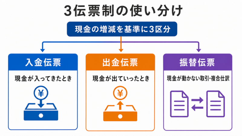 入金・出金・振替伝票の使い分けを整理した図