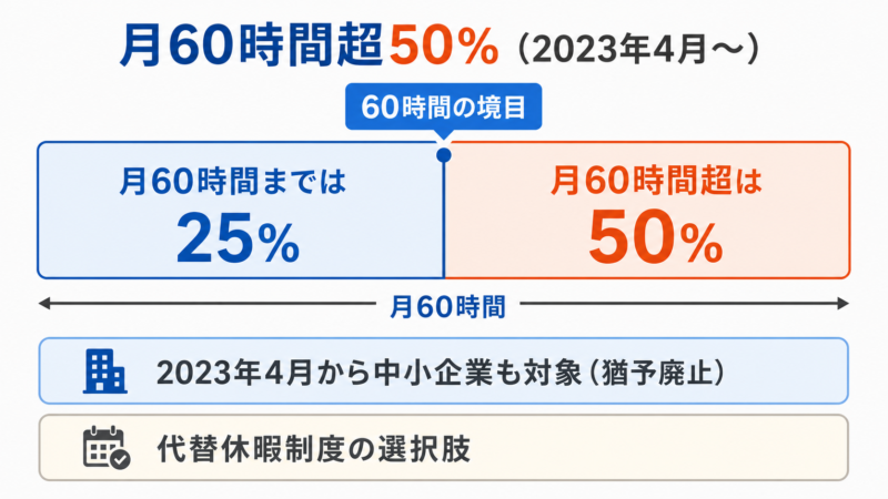 月60時間超の割増率50%（中小企業も対象）を示す図