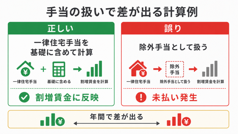 手当の扱いの違いで割増賃金がいくら変わるかを示す比較図