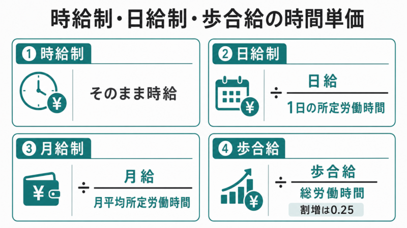  時給制・日給制・歩合給の時間単価の出し方を示す比較図