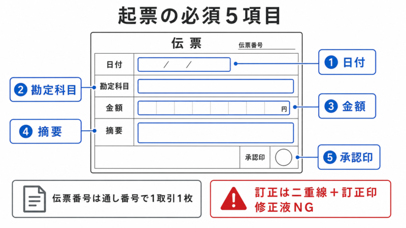  伝票起票の必須5項目を示す図
