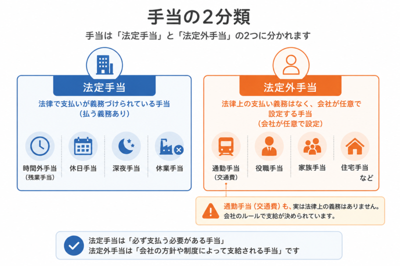 手当の2分類（法定手当・法定外手当）を示す図