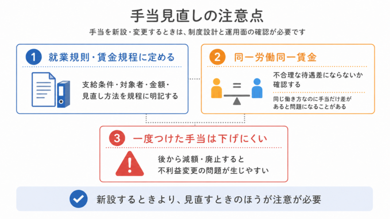 手当の新設・見直しの注意点を示す図