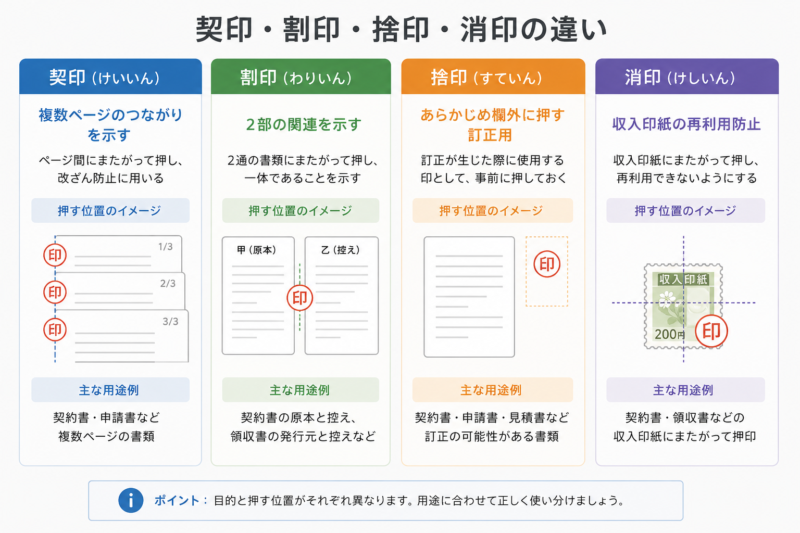 契印・割印・捨印・消印の違いを整理した比較図