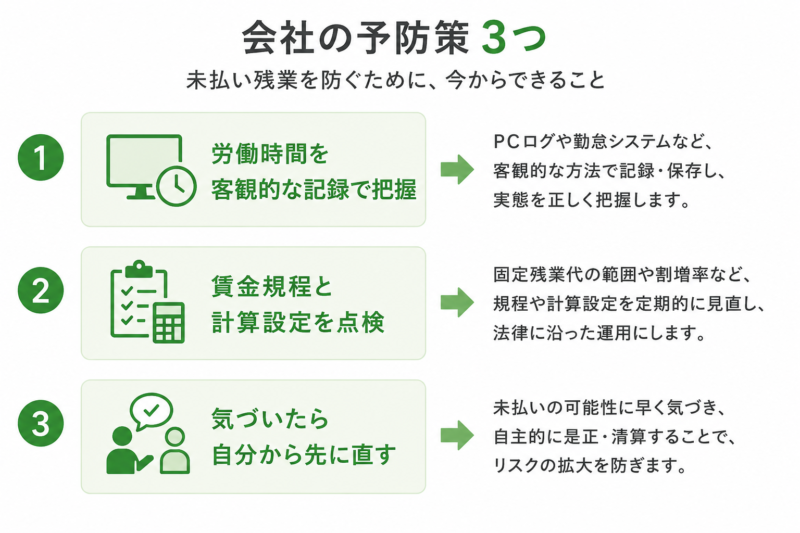 未払い残業を防ぐ会社の予防策3つを示す図