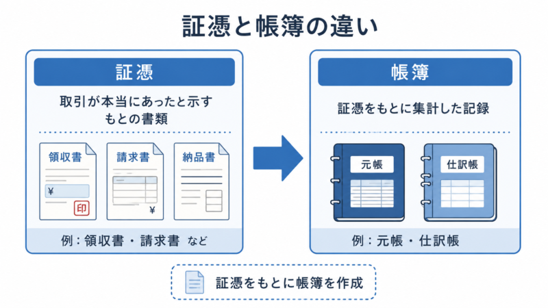   証憑（もと）と帳簿（集計）の違いを示す比較図