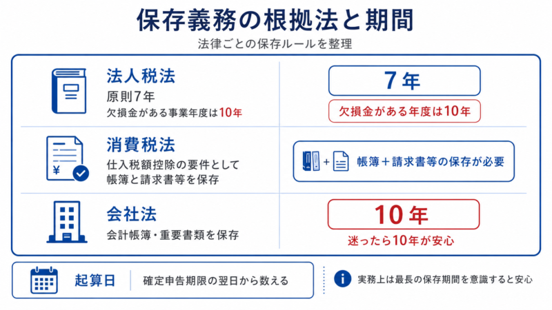 証憑の保存義務の根拠法と保存期間を整理した比較図