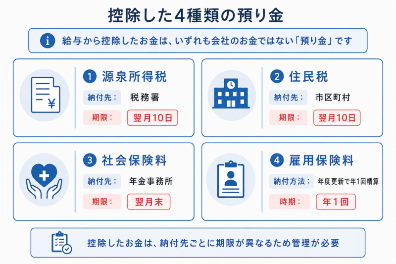   給与から控除した4種類の預り金の納付先と期限を示す図