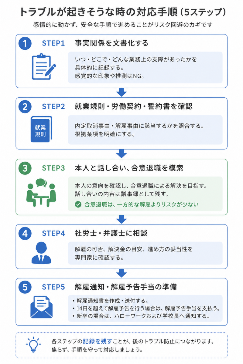   内定取消・試用期間解雇で事実文書化から解雇通知まで進める5ステップのフロー図