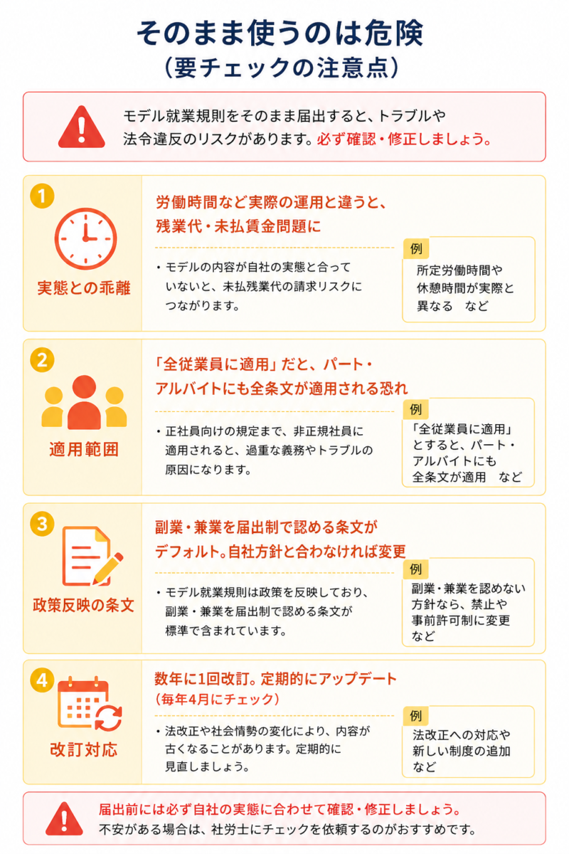 実態乖離・適用範囲・政策反映条文などモデル就業規則の要チェックの注意図