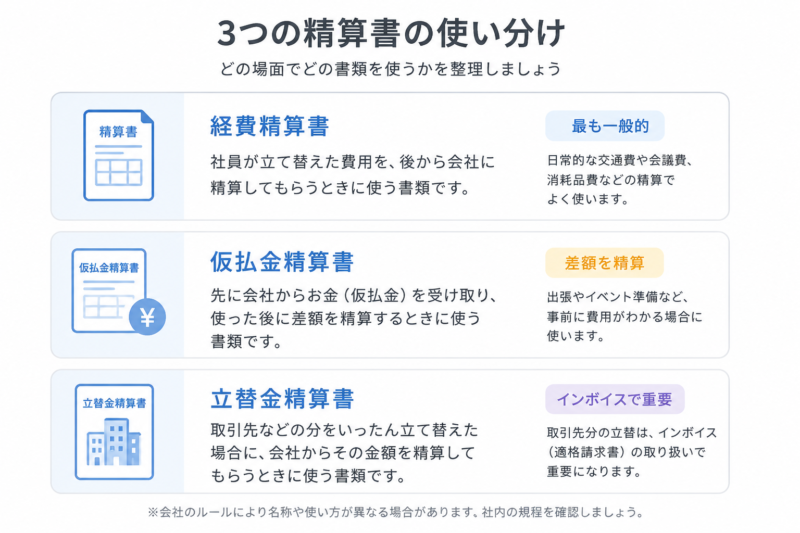  経費精算書・仮払金精算書・立替金精算書を使う場面で整理した分類図