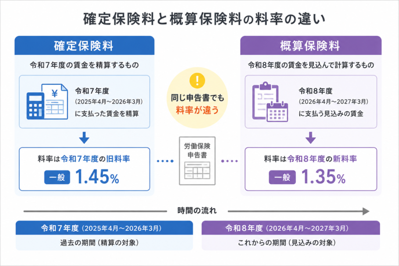確定保険料は令和7年度料率1.45%、概算保険料は令和8年度料率1.35%で計算する違いの図