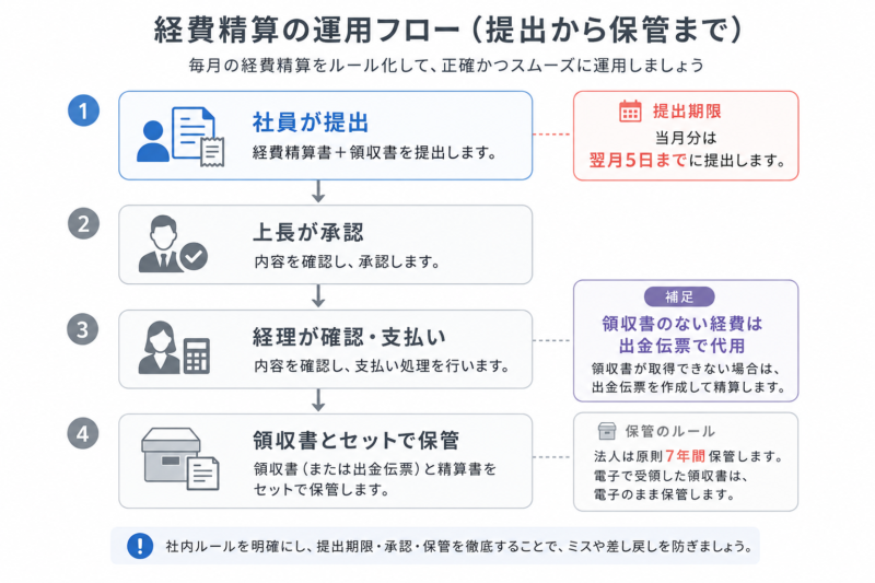  経費精算書の提出期限・承認・支払い・7年保管までの運用フロー図