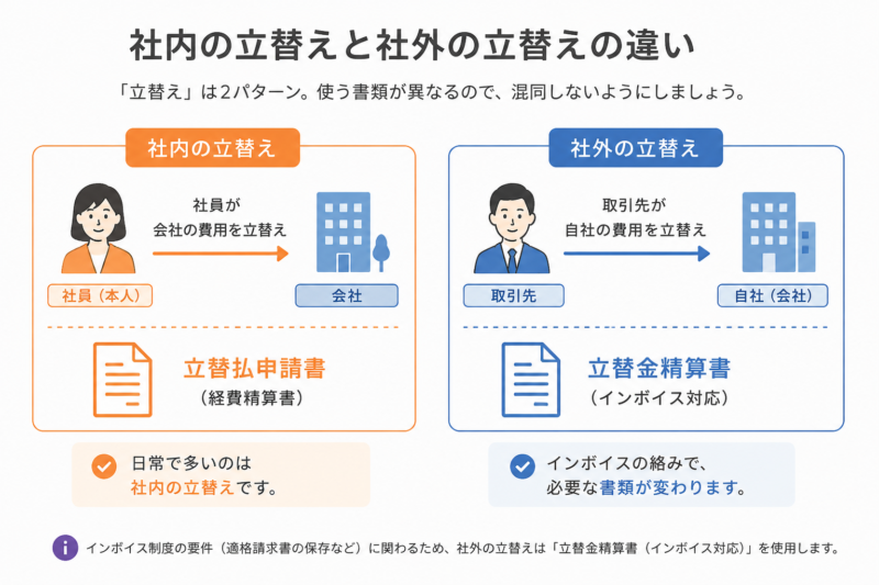 社内の立替え(社員)と社外の立替え(取引先)で使う書類の違いを示す分類図