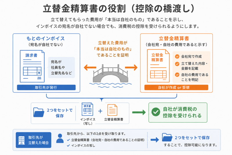 立替金精算書がインボイスの宛名が自社でないとき消費税控除の橋渡しになる関係図