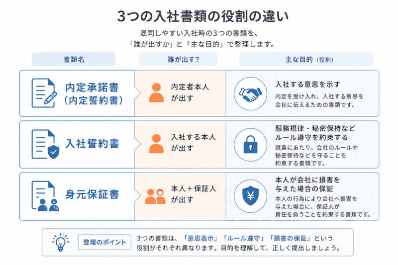 内定承諾書・入社誓約書・身元保証書の役割の違いを整理した分類図