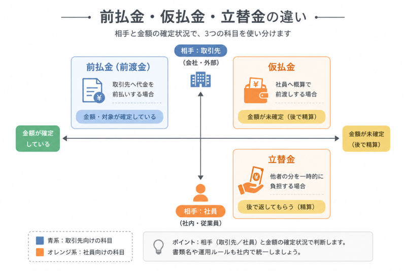 前払金・仮払金・立替金を相手と金額確定の有無で整理した分類図