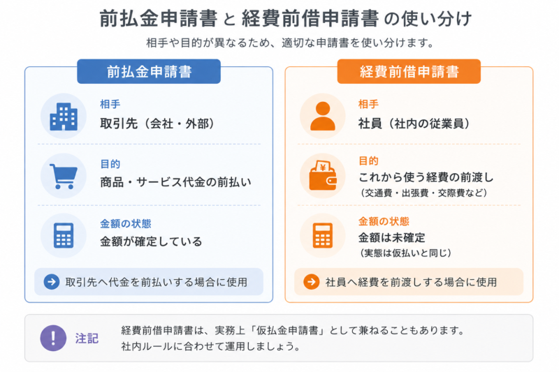   前払金申請書（取引先）と経費前借申請書（社員）の使い分けを示す比較図