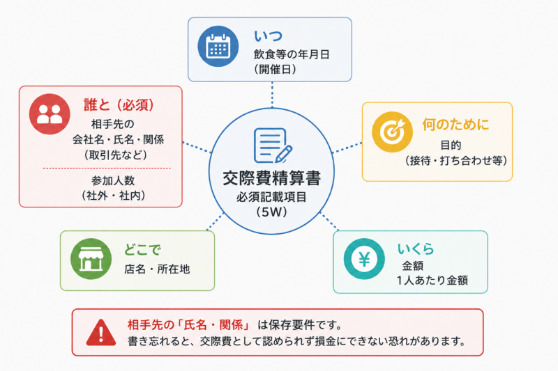 交際費精算書に書くいつ・誰と・何のため・どこで・いくらの必須記載項目図