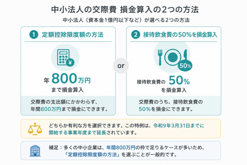 中小法人の交際費損金算入を年800万円定額と接待飲食費50%で比較した図