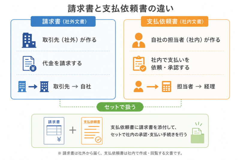 社外が作る請求書と社内で回す支払依頼書の役割の違いを示す比較図