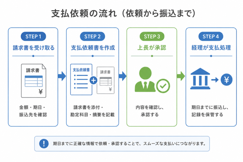 請求書受領から支払依頼書作成・承認・経理の振込までの4ステップのフロー図